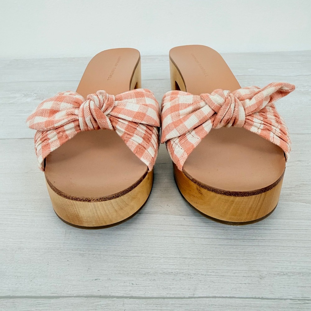 Anthropologie Loeffler Randall Clog Sandals Size 9 Pink Gingham Bow Wooden Heel - Picture 4 of 13